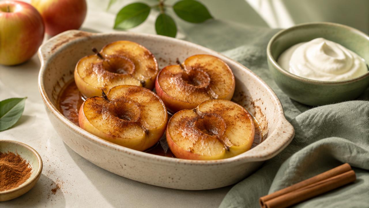 Maçã assada com canela e iogurte